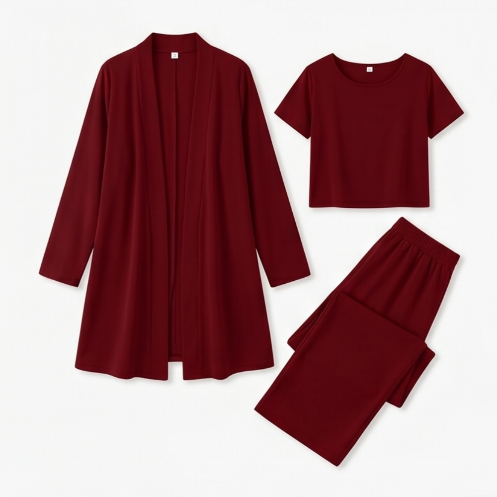 Dames 3-delige set met lang vest en wijde broek