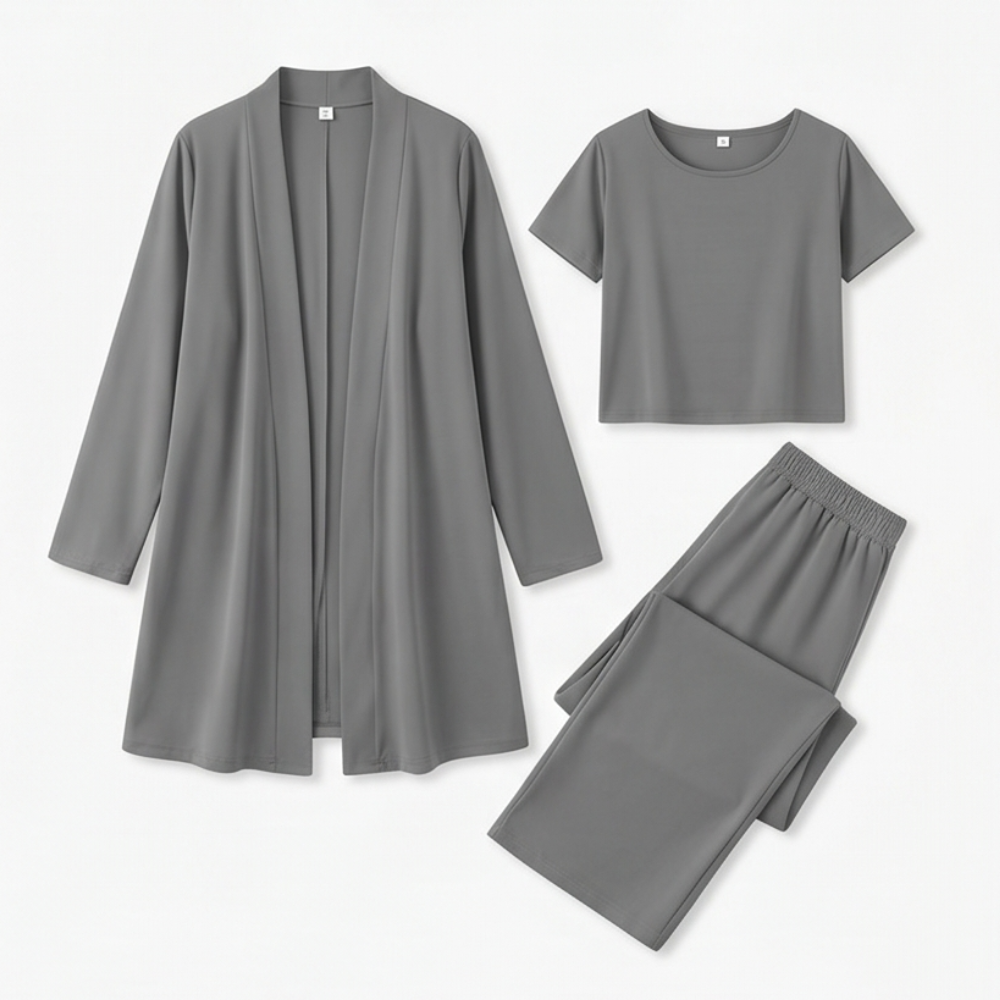 Dames 3-delige set met lang vest en wijde broek