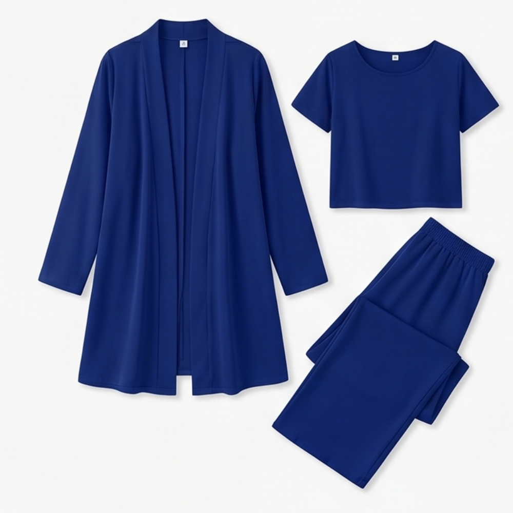 Dames 3-delige set met lang vest en wijde broek