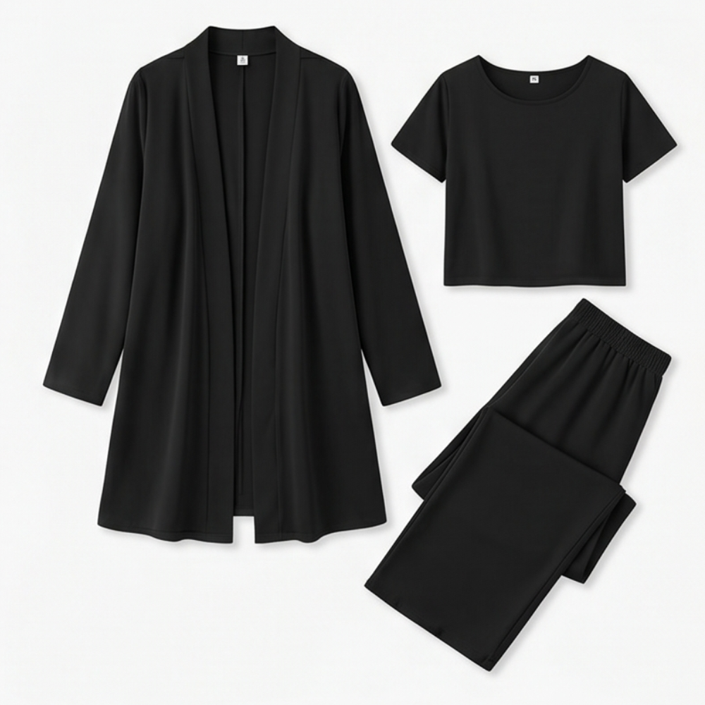 Dames 3-delige set met lang vest en wijde broek