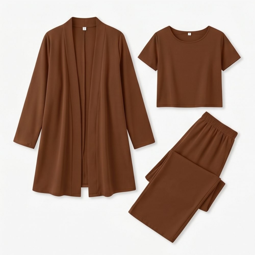 Dames 3-delige set met lang vest en wijde broek