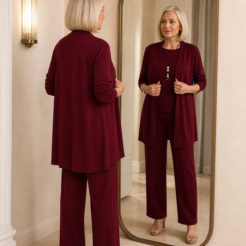 Dames 3-delige set met lang vest en wijde broek