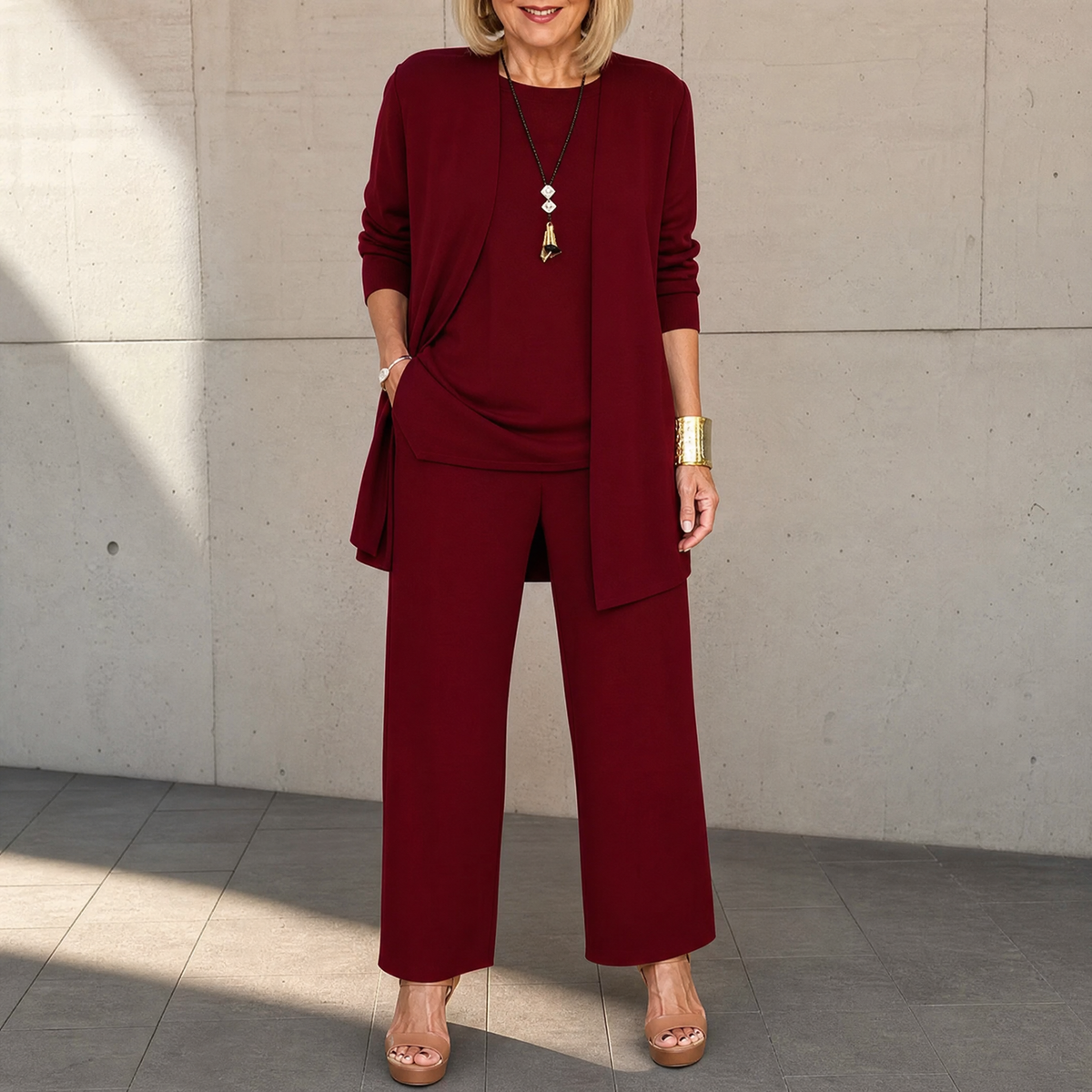 Dames 3-delige set met lang vest en wijde broek