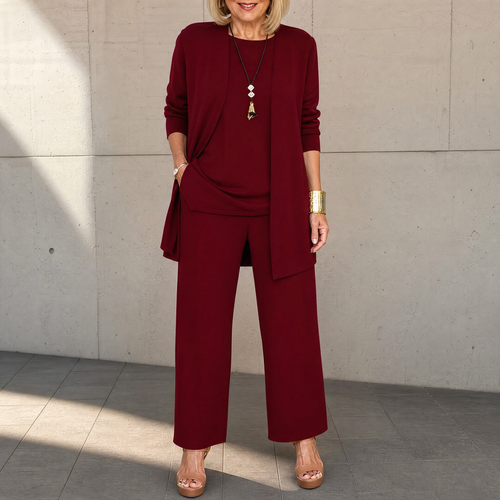 Dames 3-delige set met lang vest en wijde broek