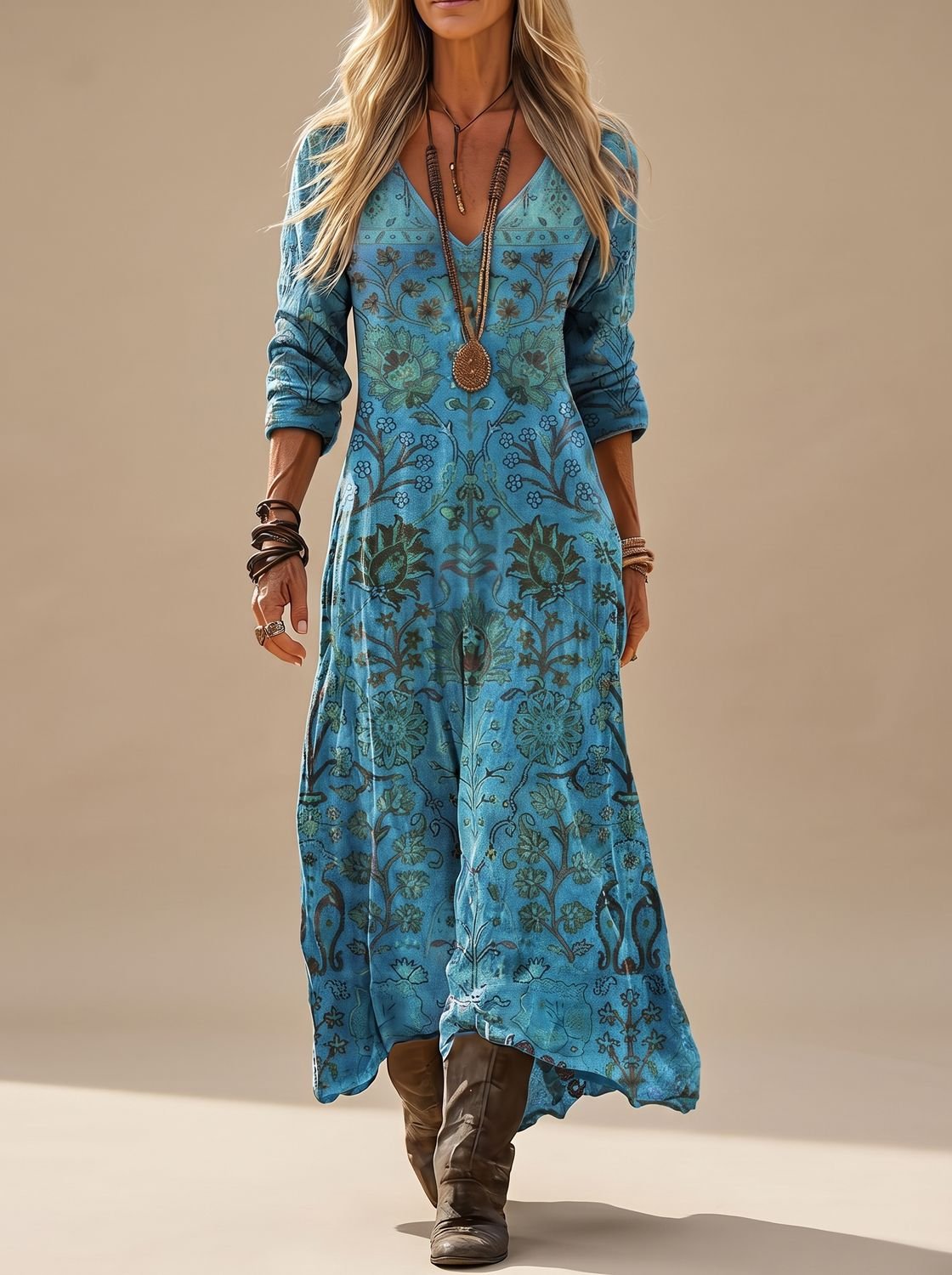 Dames blauwe maxi jurk met bloemenprint en lange mouwen