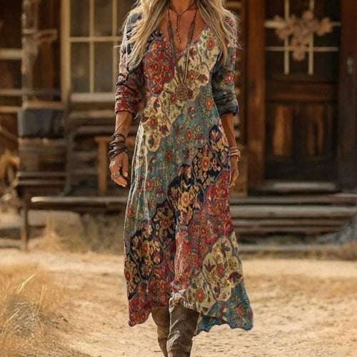 Dames boho maxi jurk met bloemenprint en lange mouwen