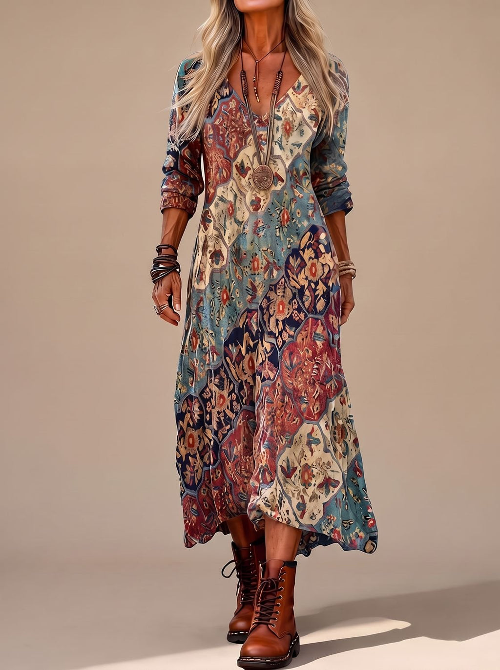 Dames boho maxi jurk met bloemenprint en lange mouwen