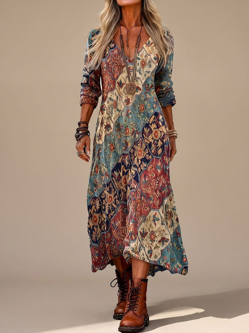 Dames boho maxi jurk met bloemenprint en lange mouwen