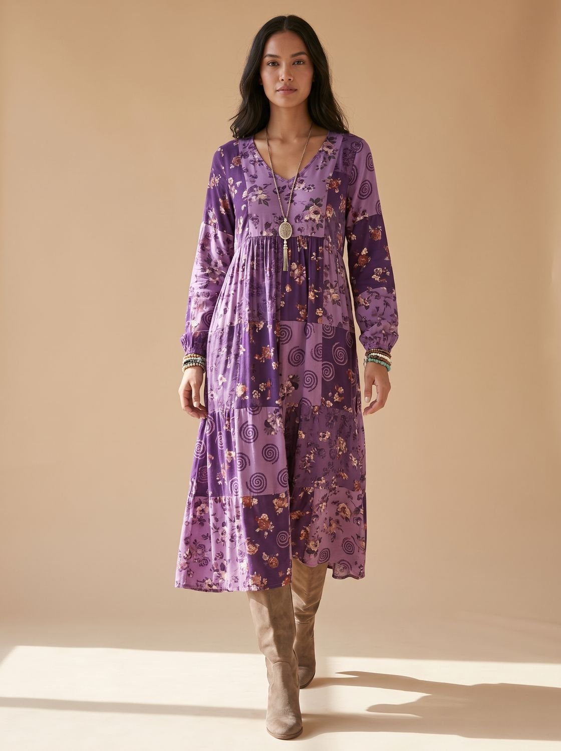 Dames boho maxi jurk met patchworkprint en lange mouwen