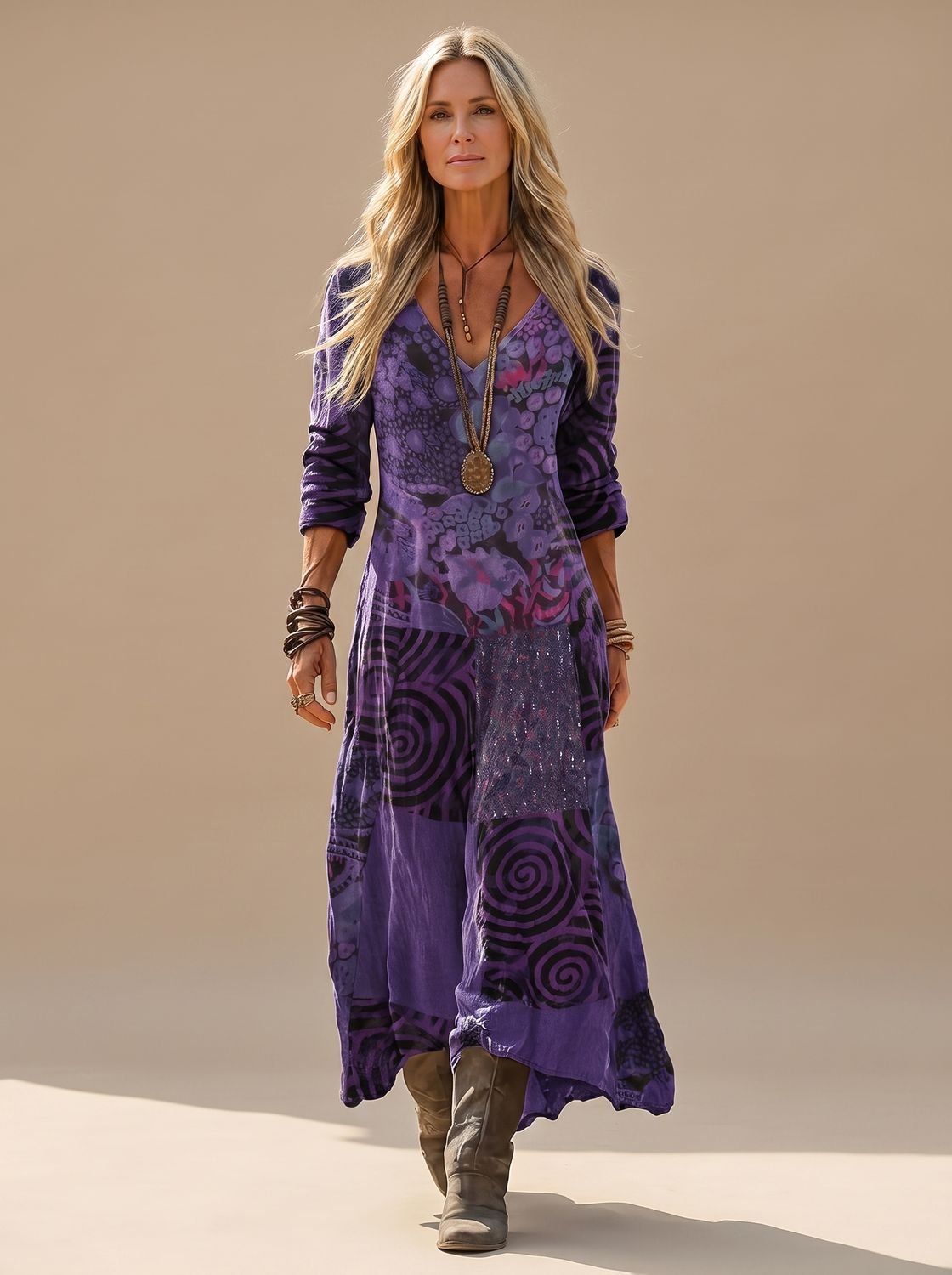 Dames boho maxi jurk met patchworkprint en lange mouwen