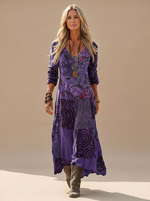 Dames boho maxi jurk met patchworkprint en lange mouwen