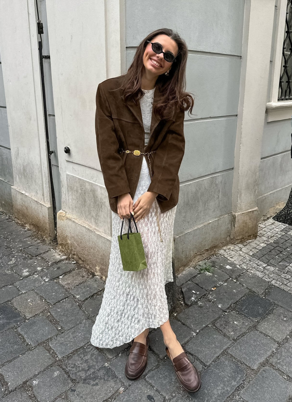 Dames bruin jack met suède-look en knoopsluiting