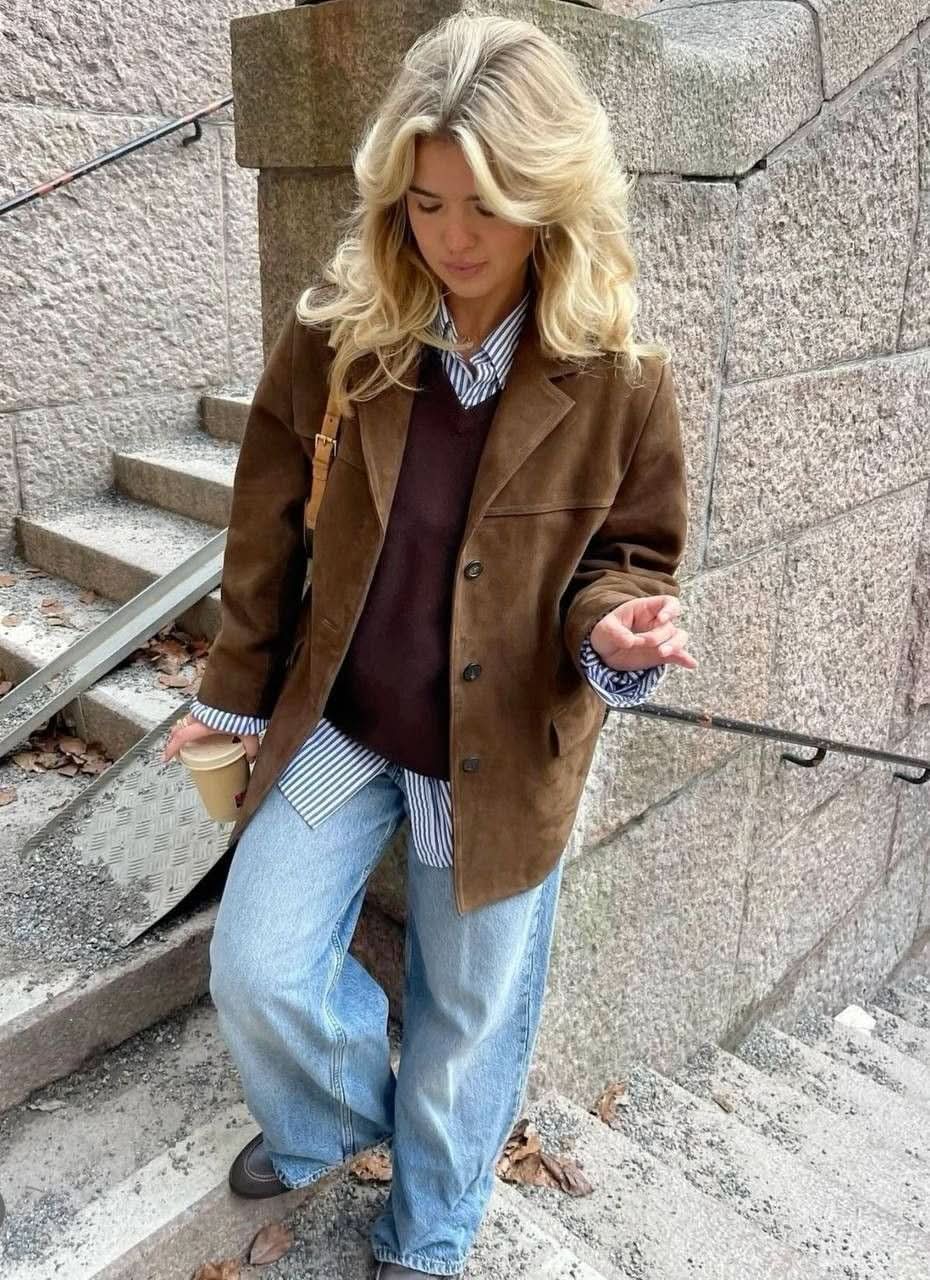 Dames bruin jack met suède-look en knoopsluiting