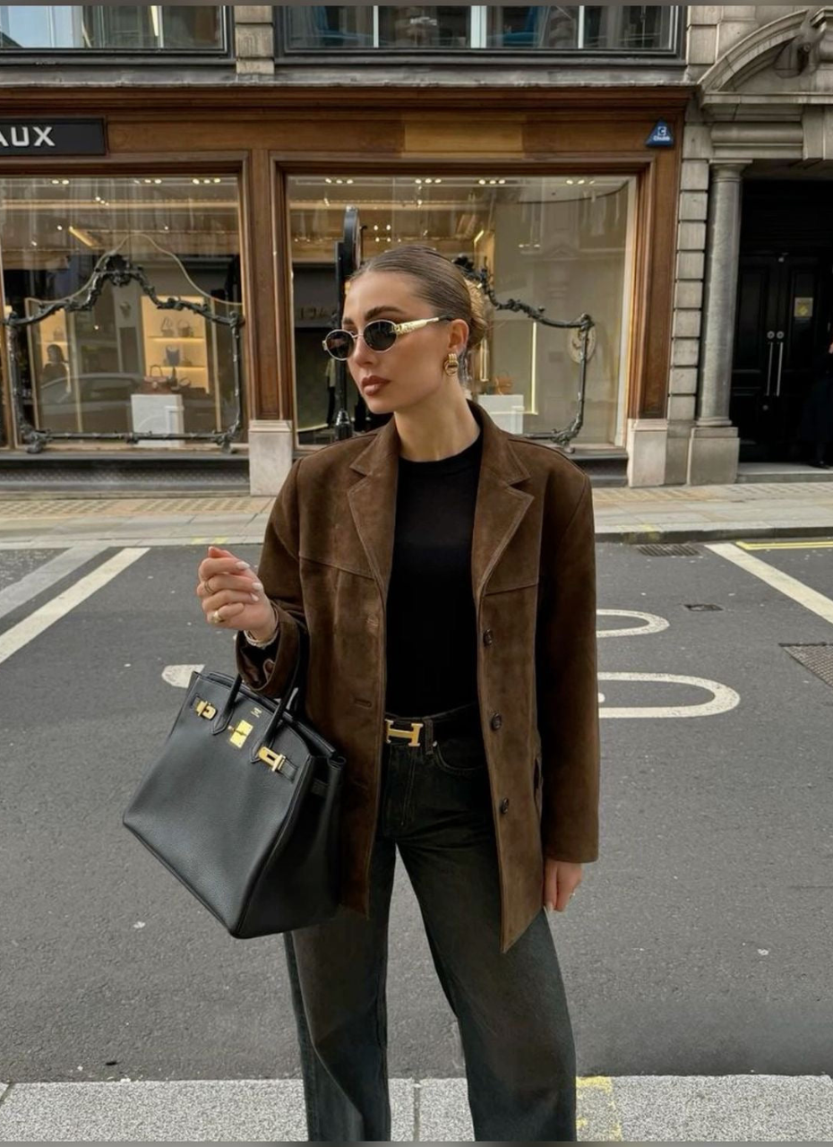 Dames bruin jack met suède-look en knoopsluiting