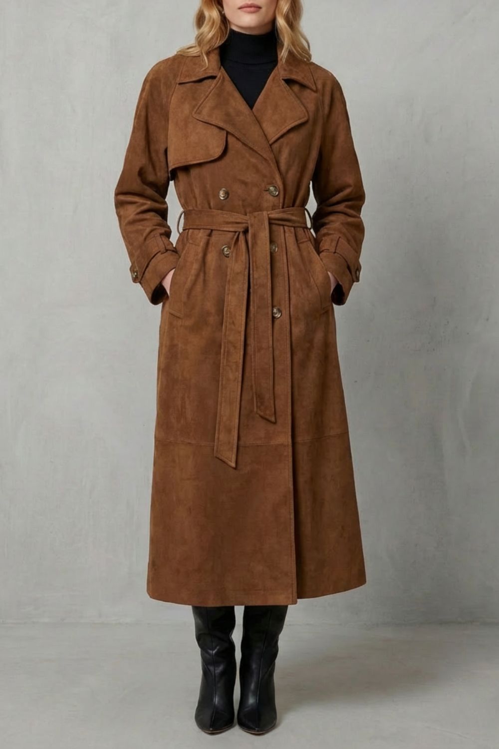Dames bruine dubbelrijige trenchcoat met brede revers