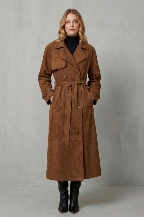 Dames bruine dubbelrijige trenchcoat met brede revers