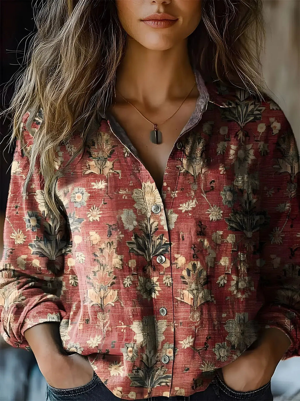 Dames doorknoop blouse met bloemenprint en lange mouwen