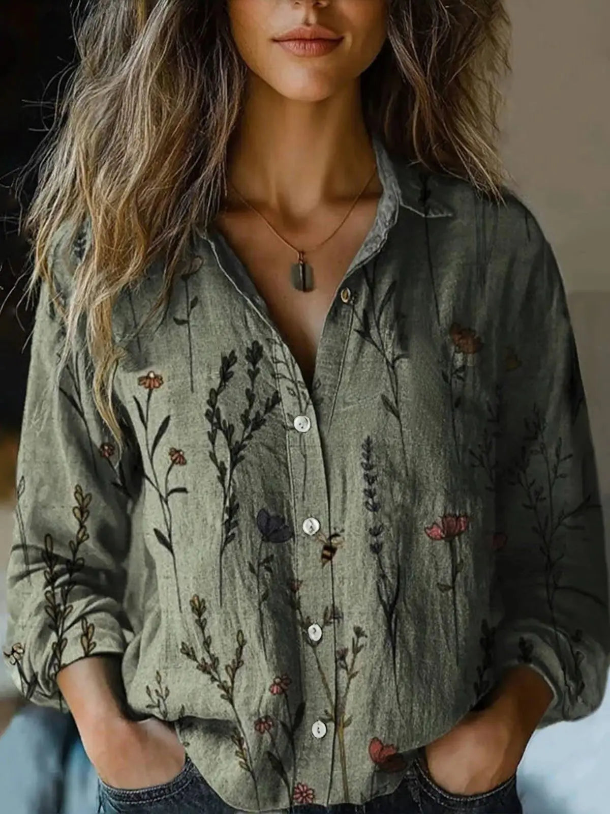 Dames doorknoop blouse met bloemenprint en lange mouwen