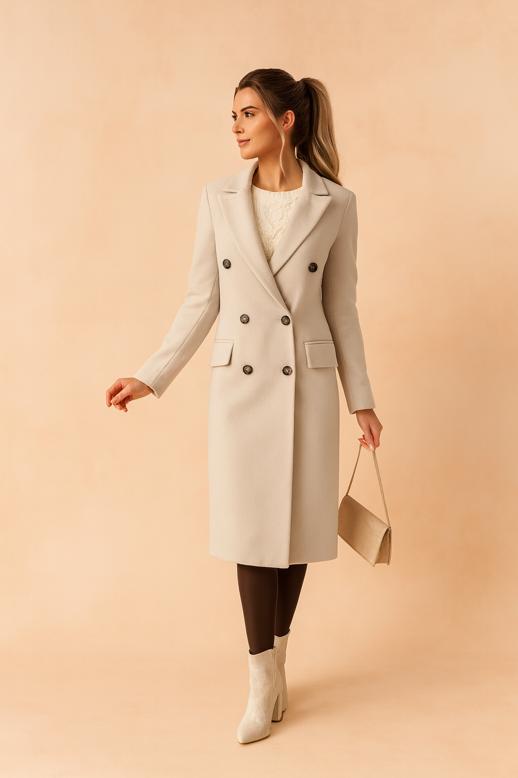 Dames dubbelrijige lange mantel met brede revers
