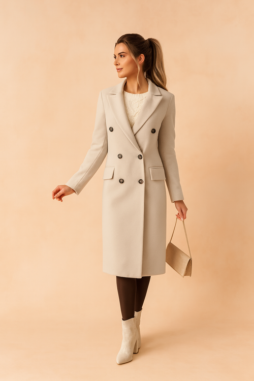 Dames dubbelrijige lange mantel met brede revers