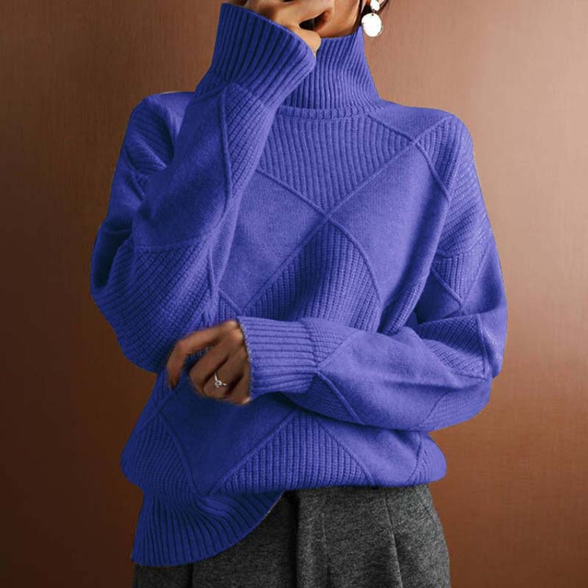 Dames gebreide coltrui met ruitmotief en oversized pasvorm