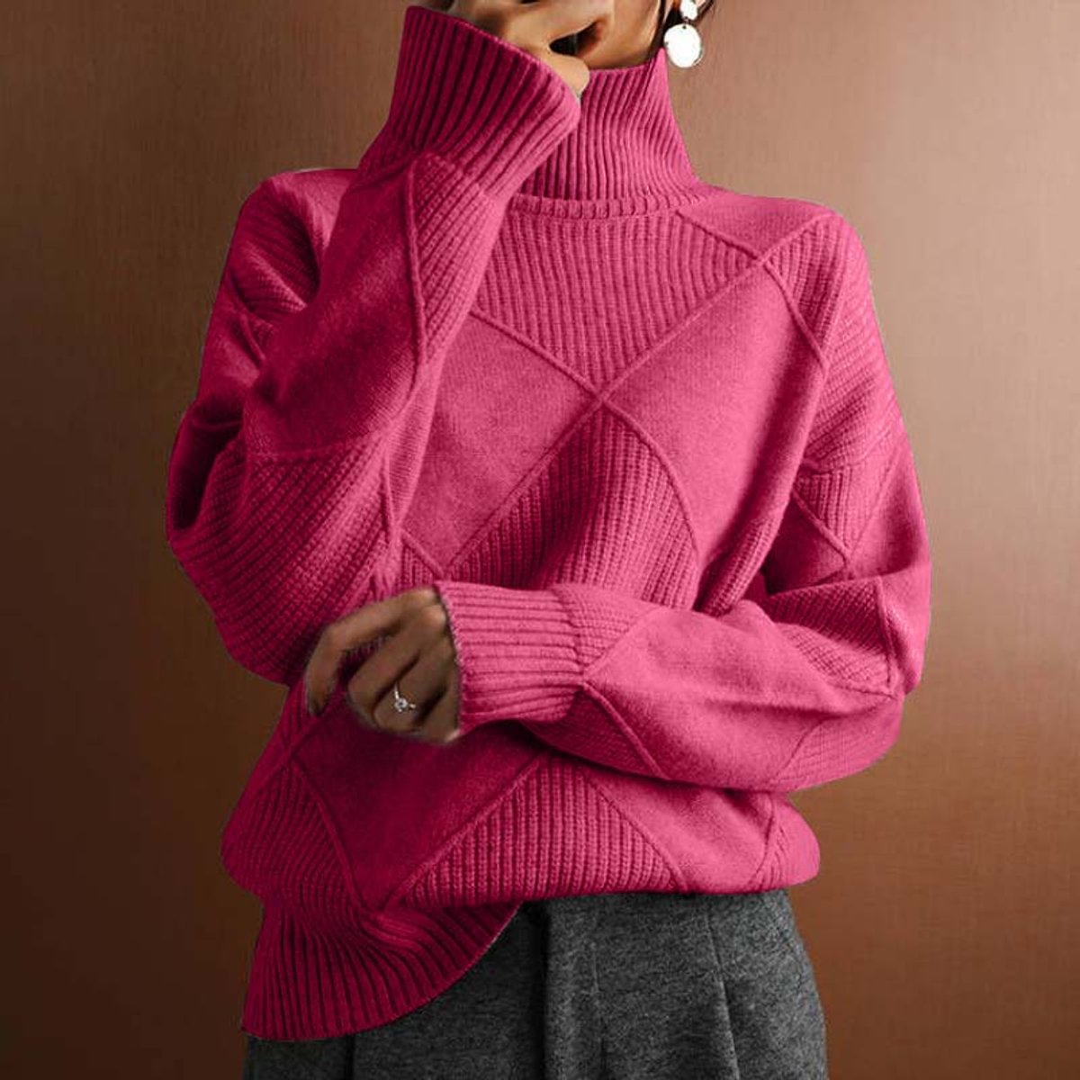 Dames gebreide coltrui met ruitmotief en oversized pasvorm