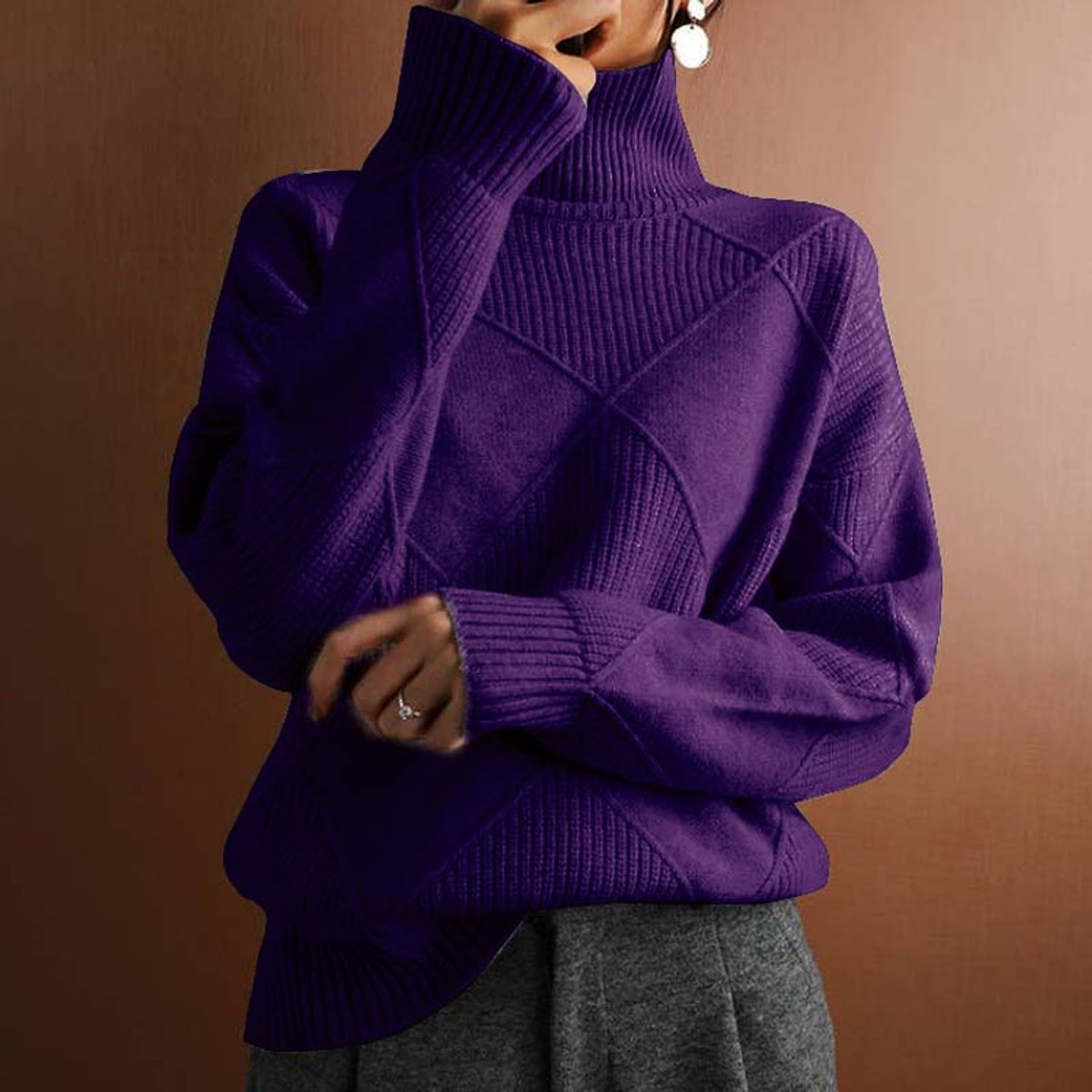 Dames gebreide coltrui met ruitmotief en oversized pasvorm