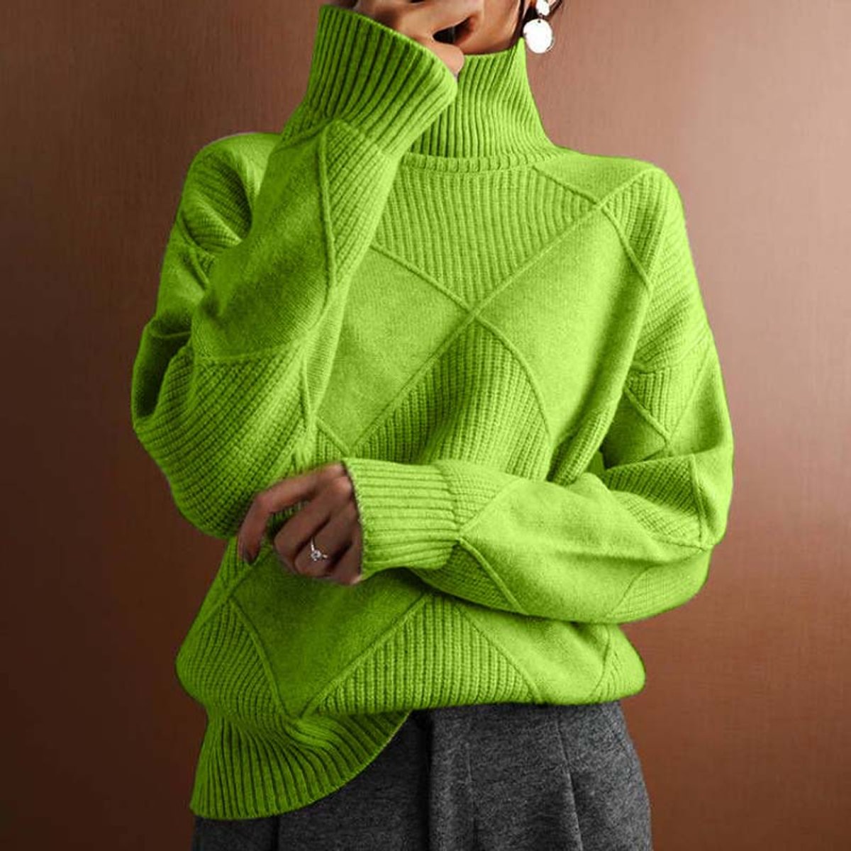 Dames gebreide coltrui met ruitmotief en oversized pasvorm