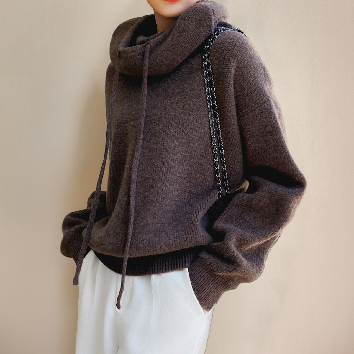 Dames gebreide hoodie met trekkoord en oversized pasvorm