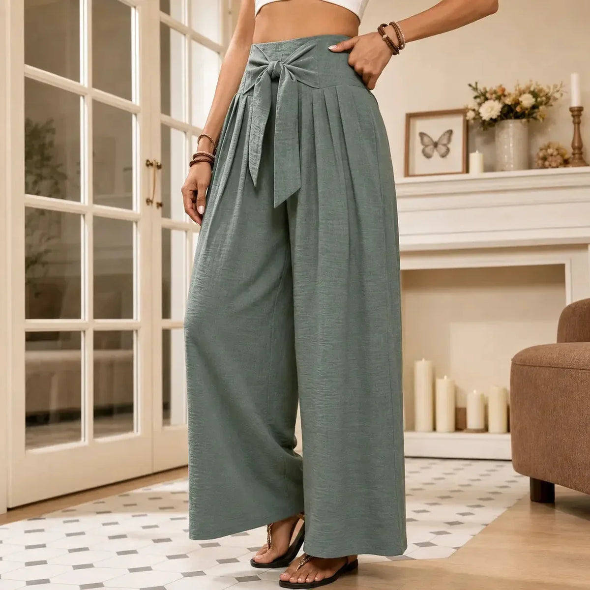 Dames geplooide pantalon met hoge taille en wijde pijpen
