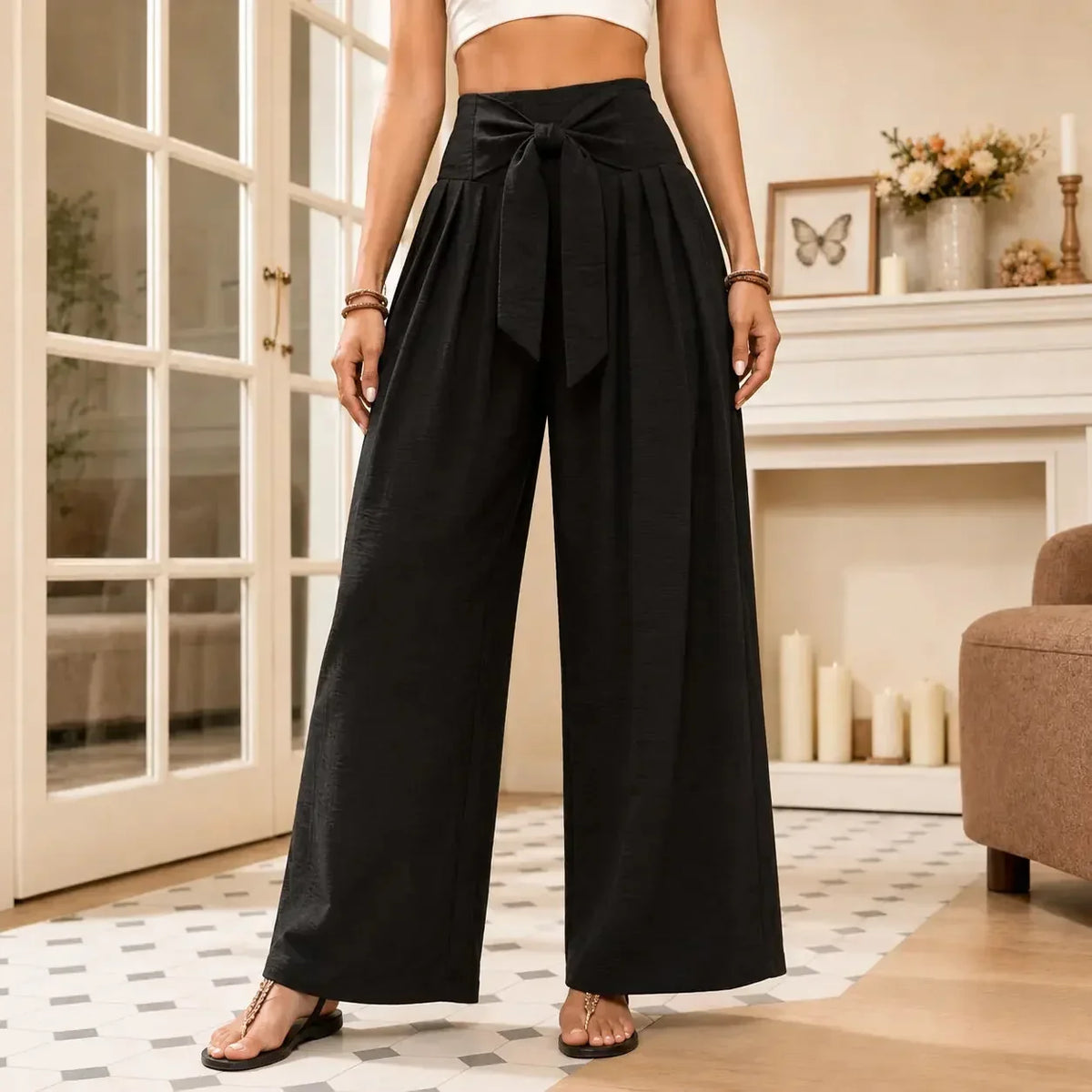 Dames geplooide pantalon met hoge taille en wijde pijpen