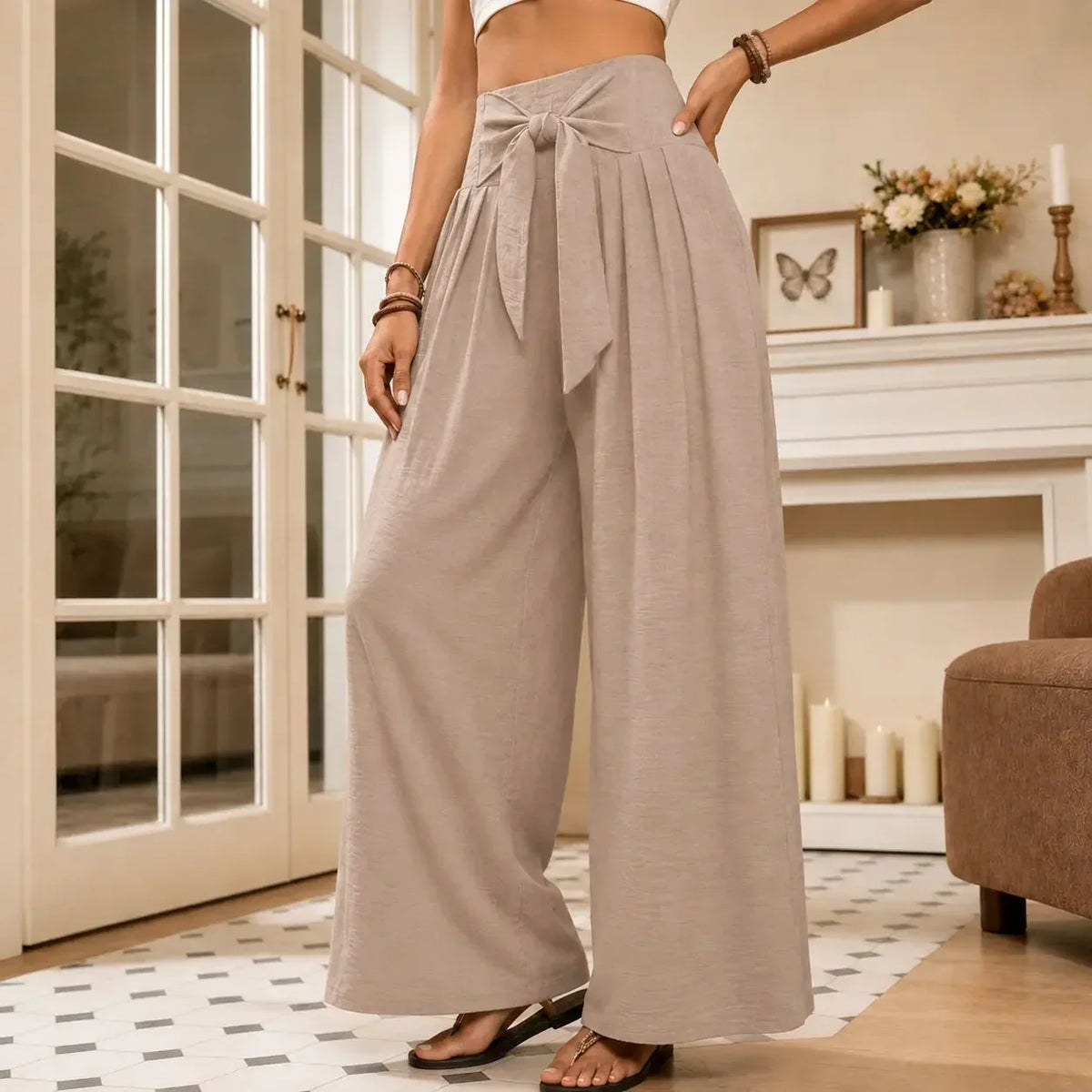 Dames geplooide pantalon met hoge taille en wijde pijpen