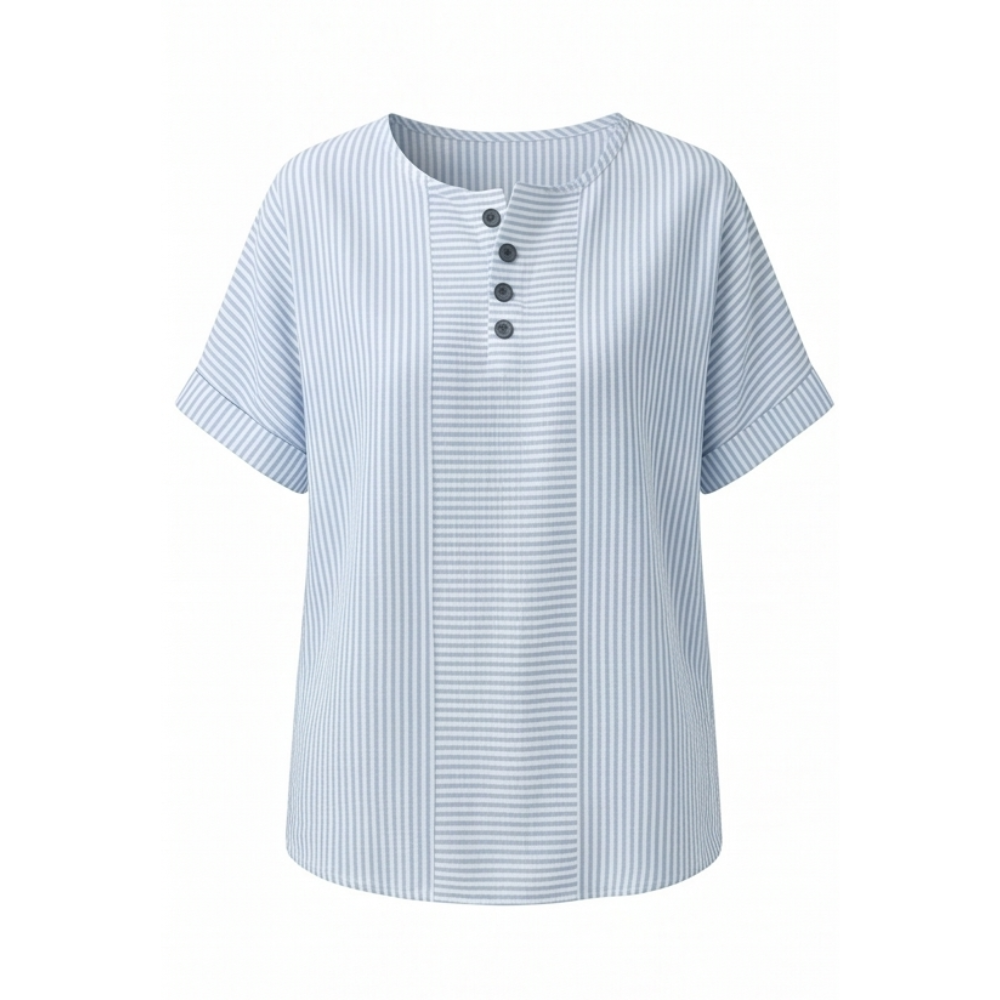 Dames gestreepte top met knoopsluiting en korte mouw