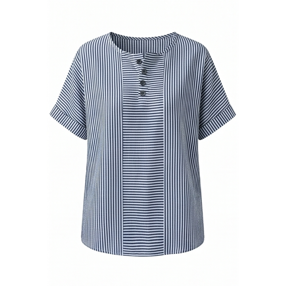Dames gestreepte top met knoopsluiting en korte mouw