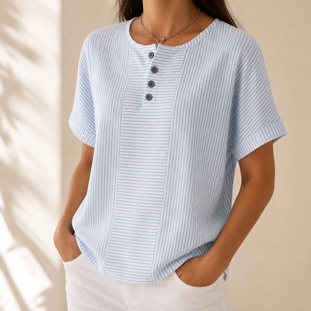Dames gestreepte top met knoopsluiting en korte mouw