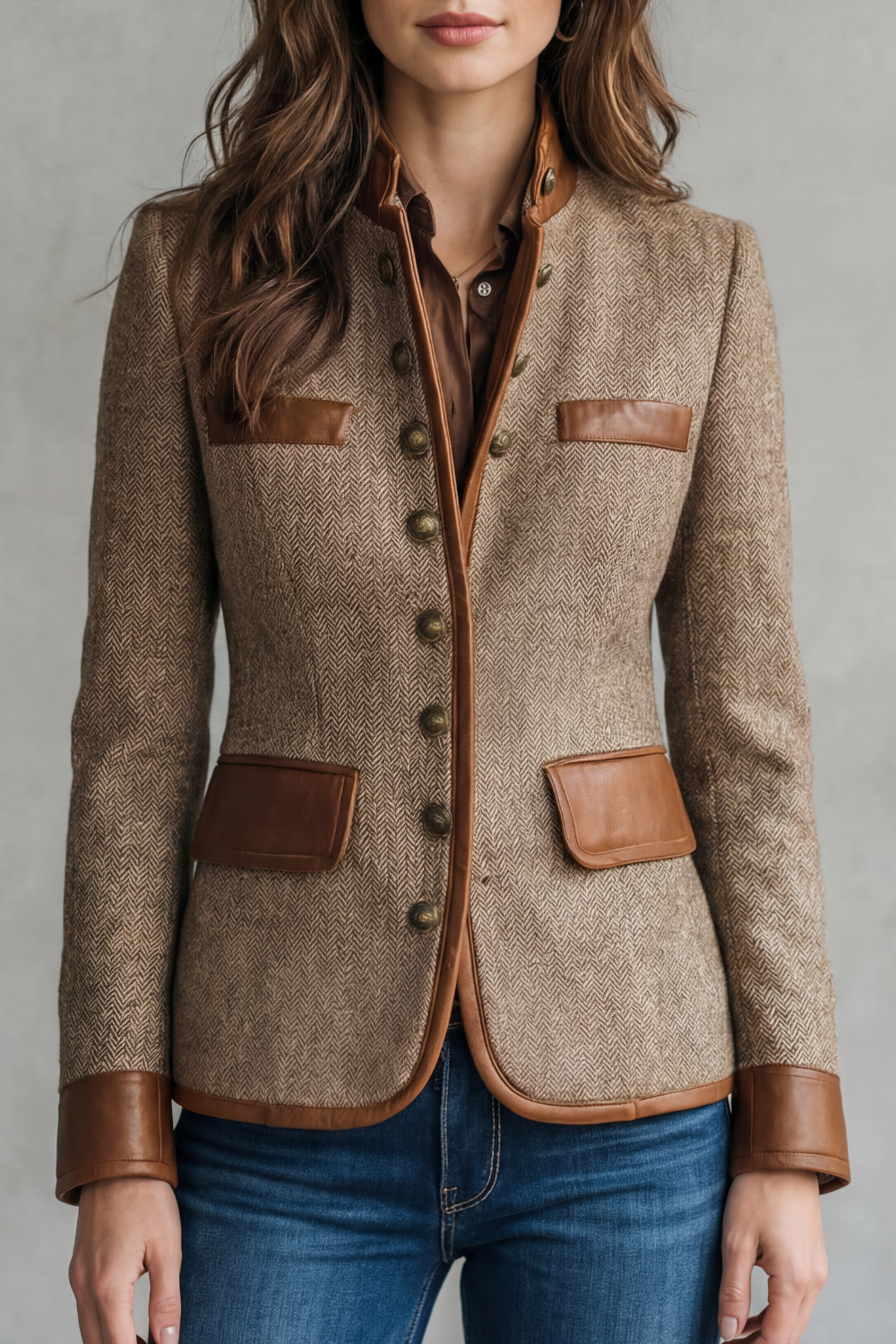 Dames getailleerde bruine blazer met rand in leerlook