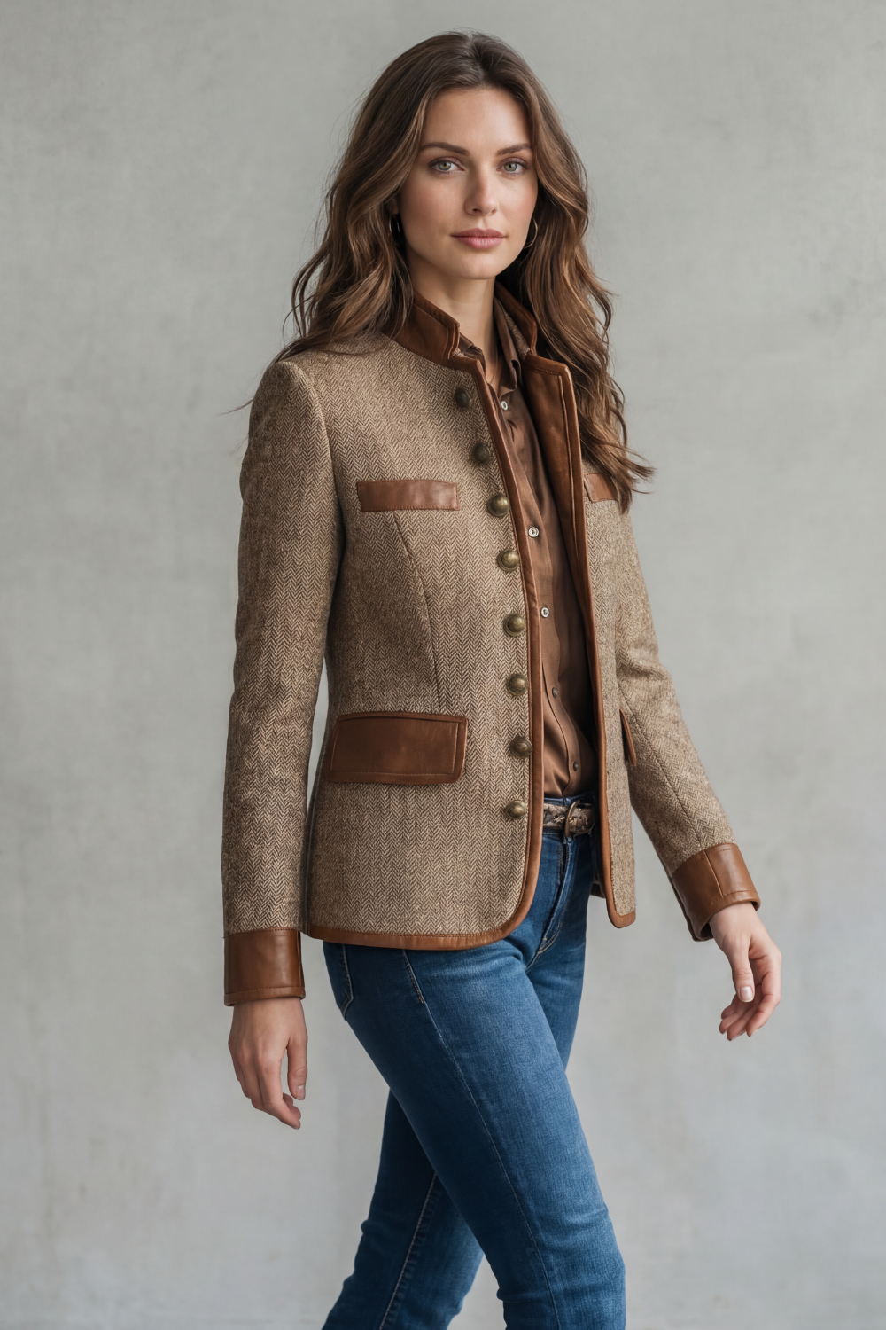 Dames getailleerde bruine blazer met rand in leerlook