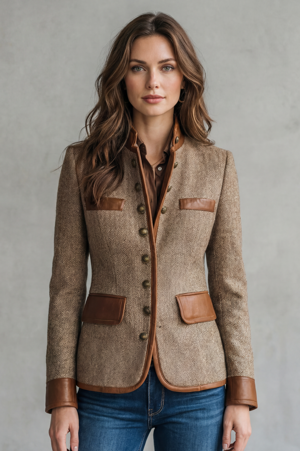 Dames getailleerde bruine blazer met rand in leerlook