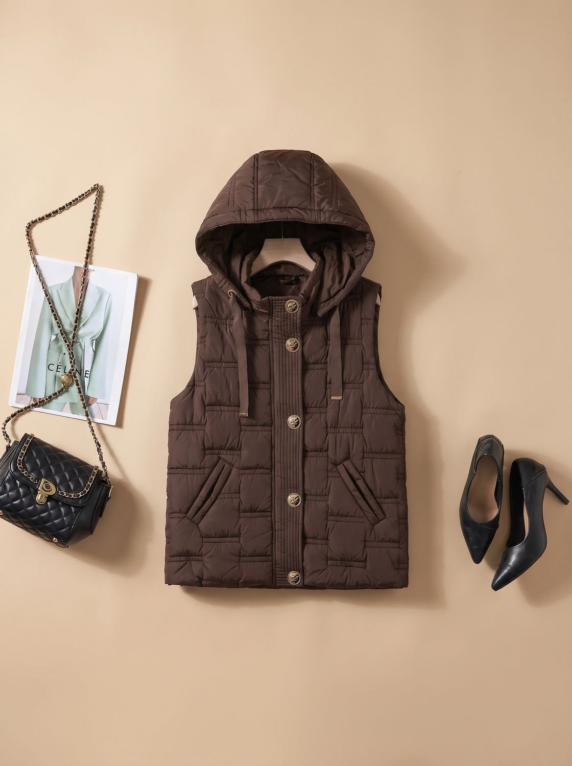 Dames gewatteerde bodywarmer met capuchon en knoopsluiting