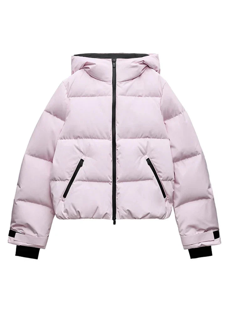 Dames gewatteerde winterjas met capuchon en donkere details