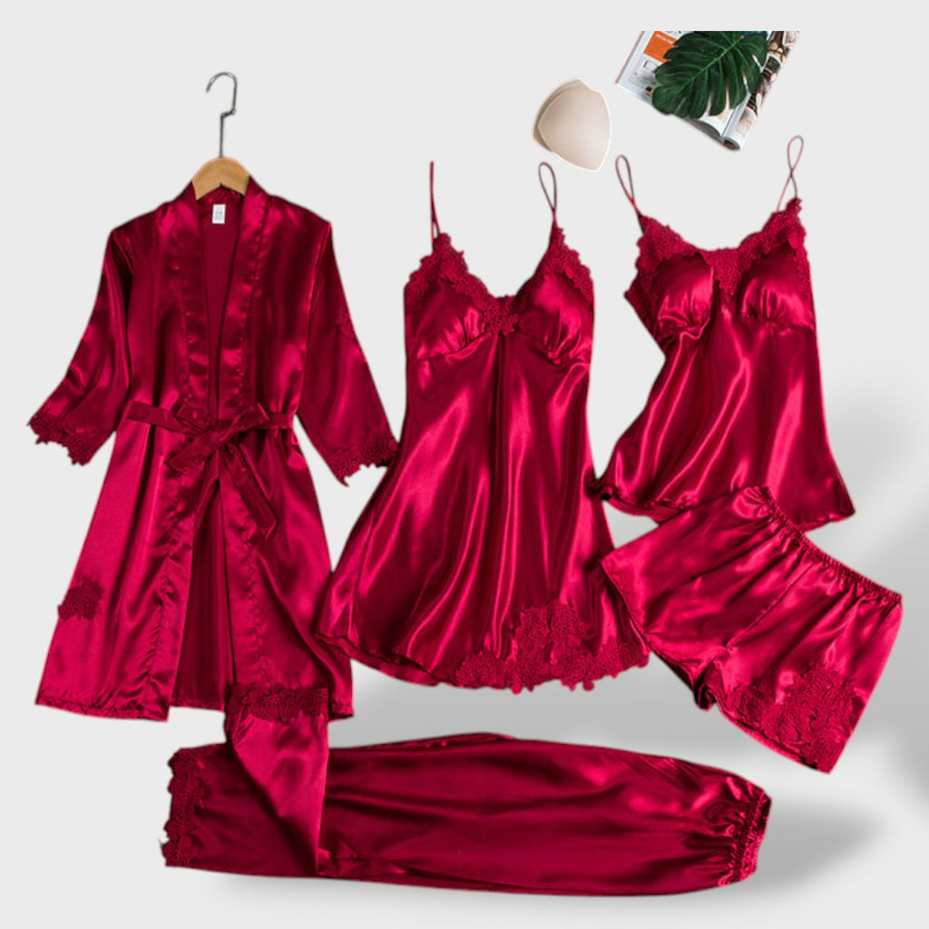 Dames glanzende pyjama set met kanten details
