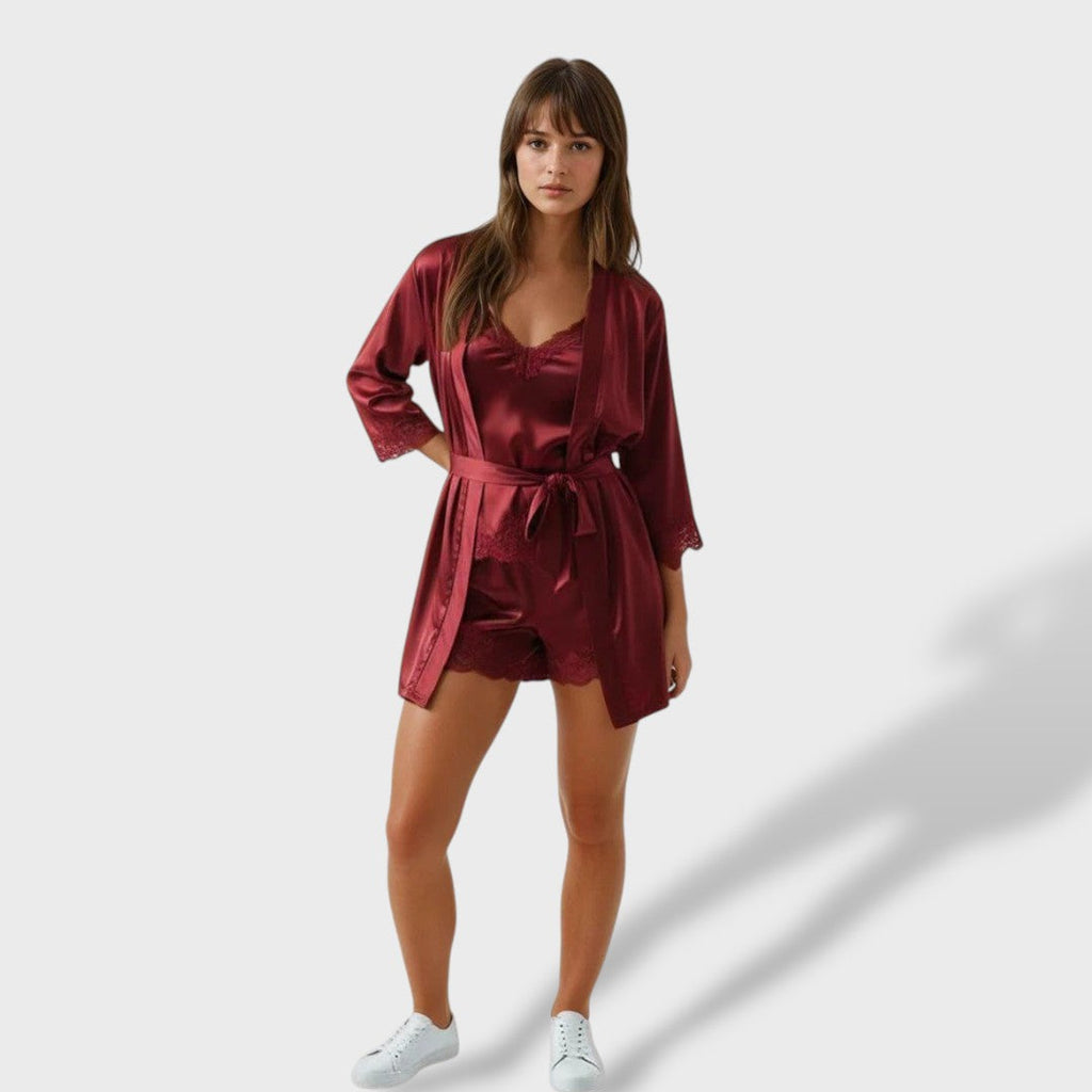 Dames glanzende pyjama set met kanten details