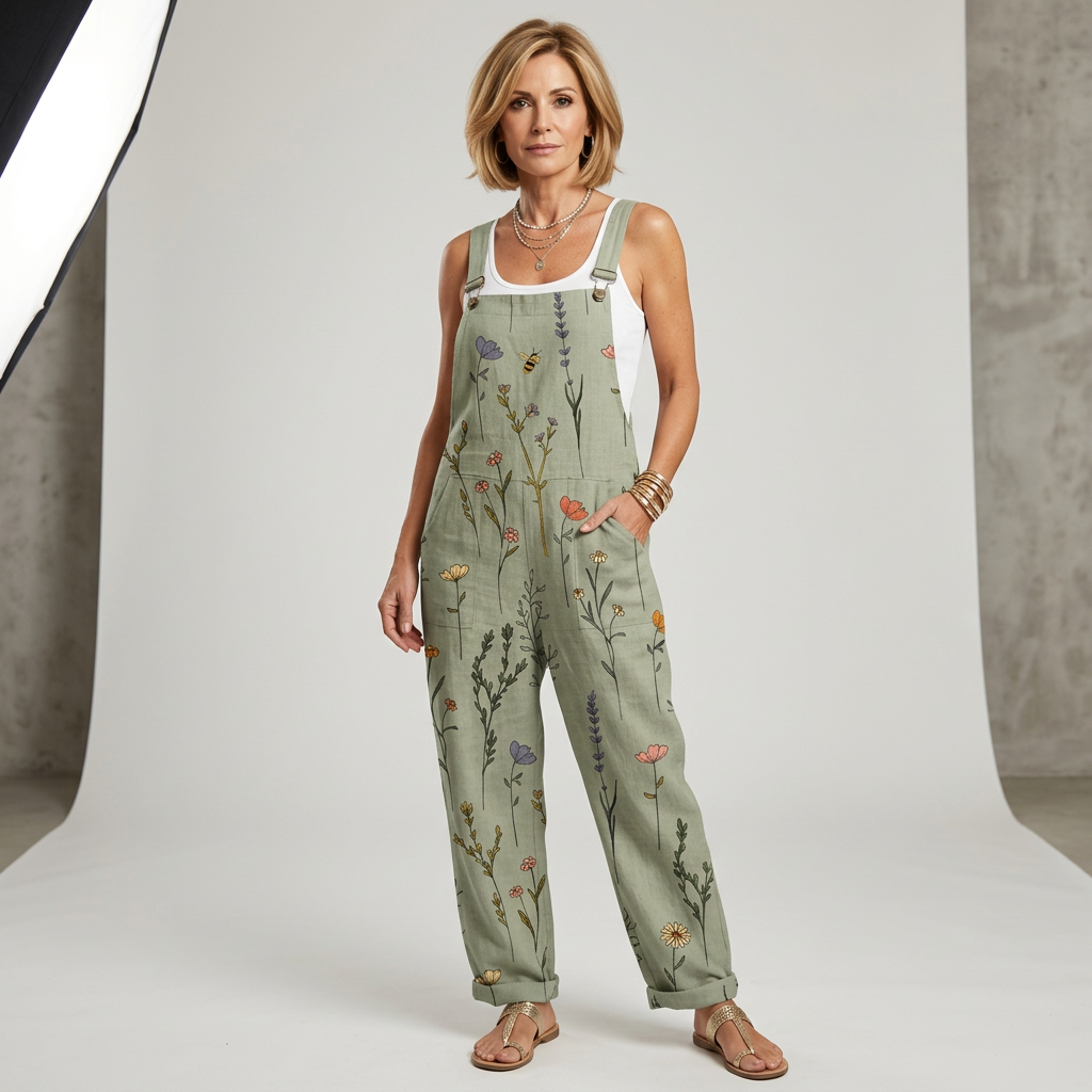 Dames jumpsuit met botanische print en verstelbare bandjes