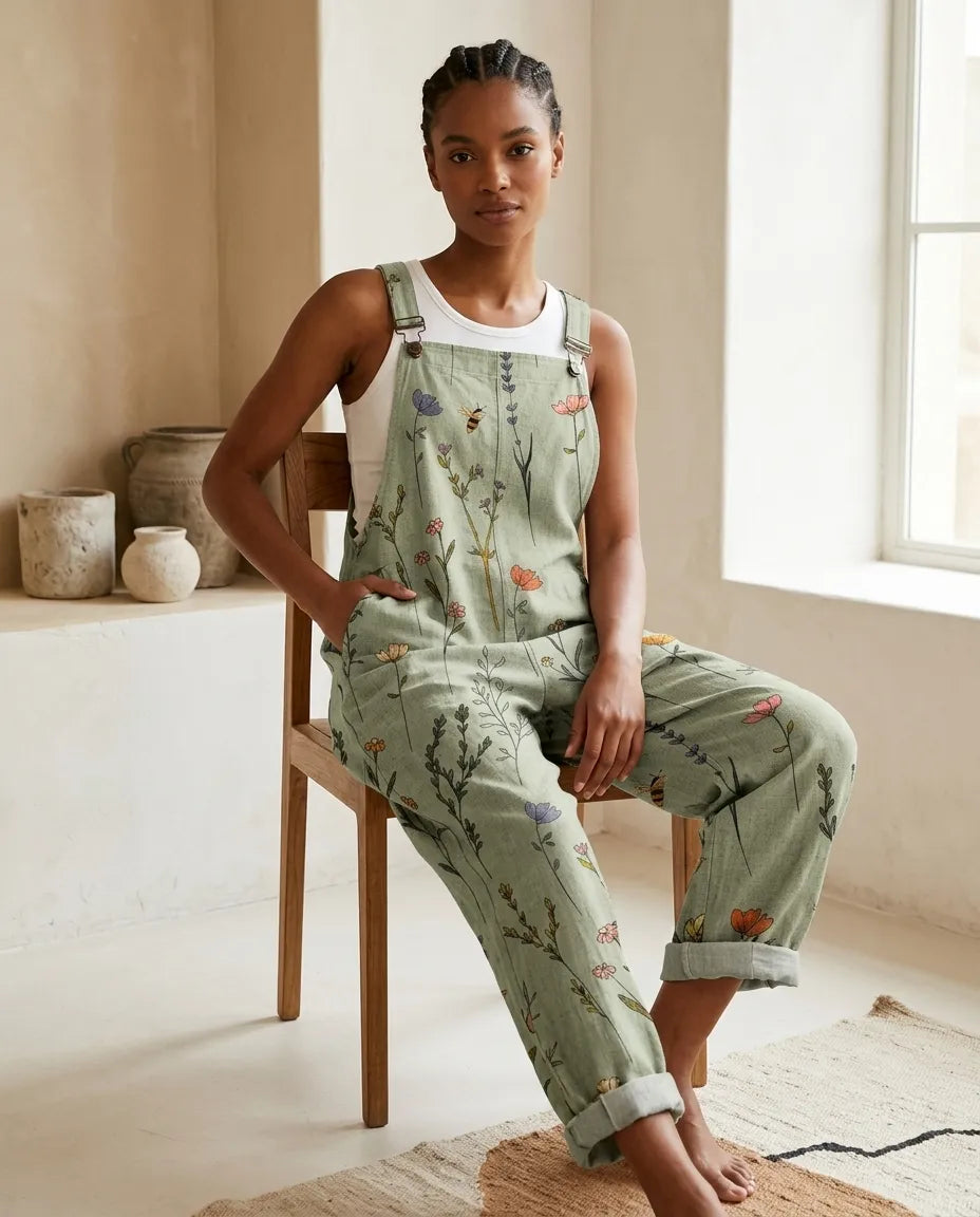 Dames jumpsuit met botanische print en verstelbare bandjes