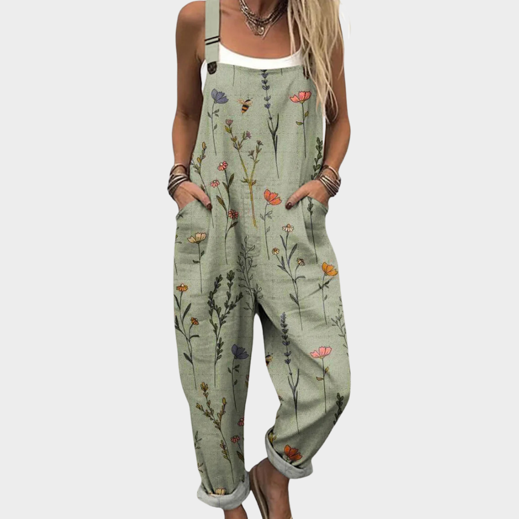 Dames jumpsuit met botanische print en verstelbare bandjes