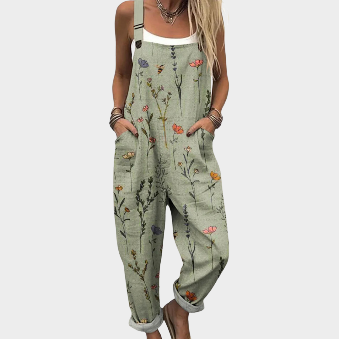 Dames jumpsuit met botanische print en verstelbare bandjes