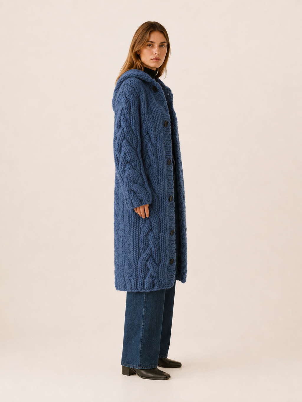 Dames lang gebreid vest met capuchon en knoopsluiting