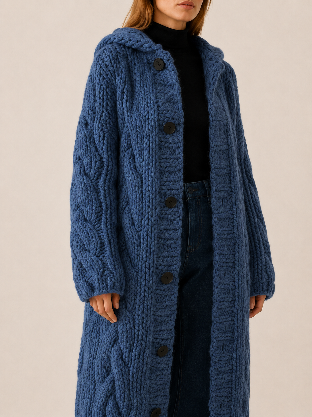Dames lang gebreid vest met capuchon en knoopsluiting