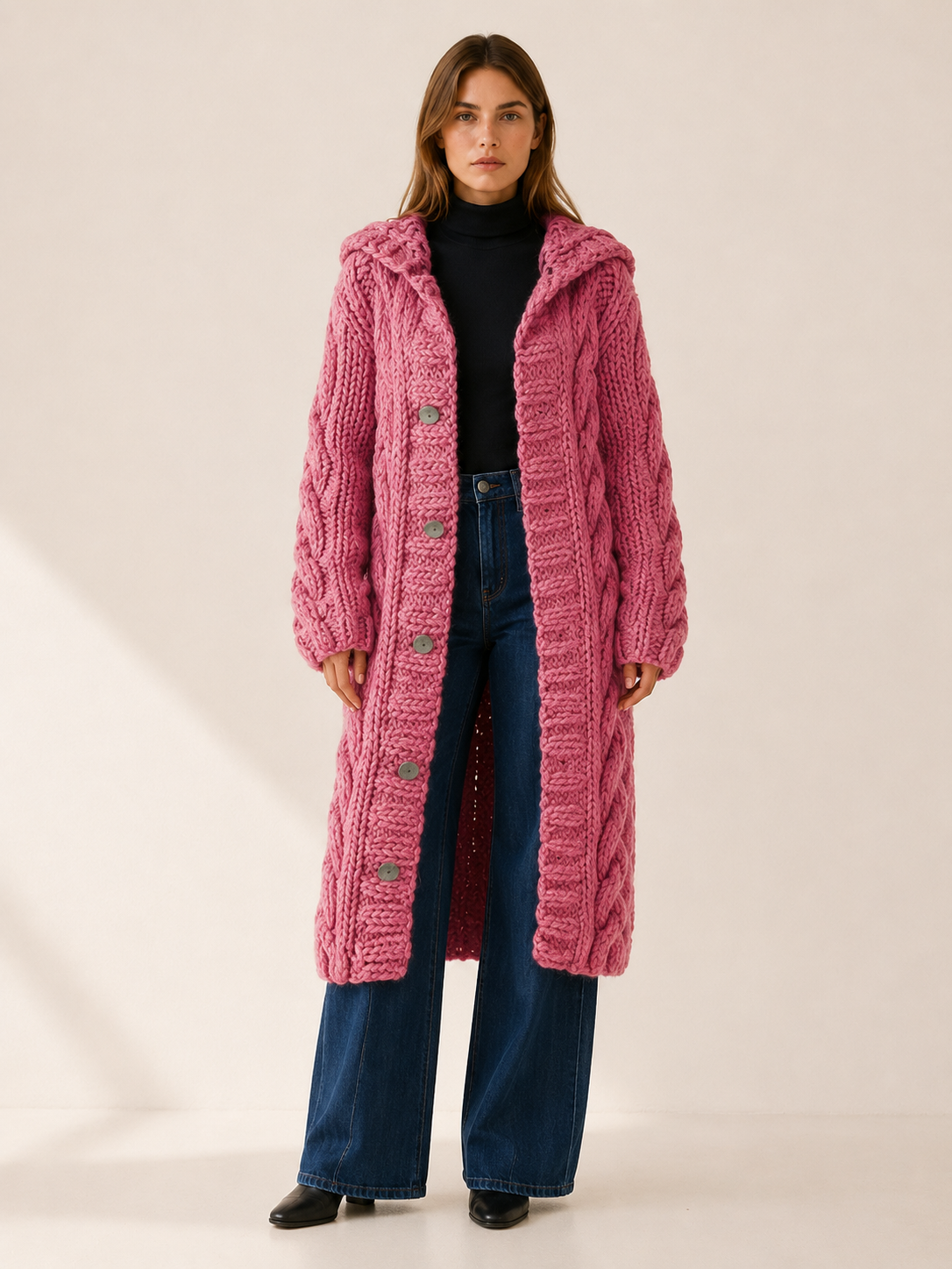 Dames lang gebreid vest met capuchon en knoopsluiting
