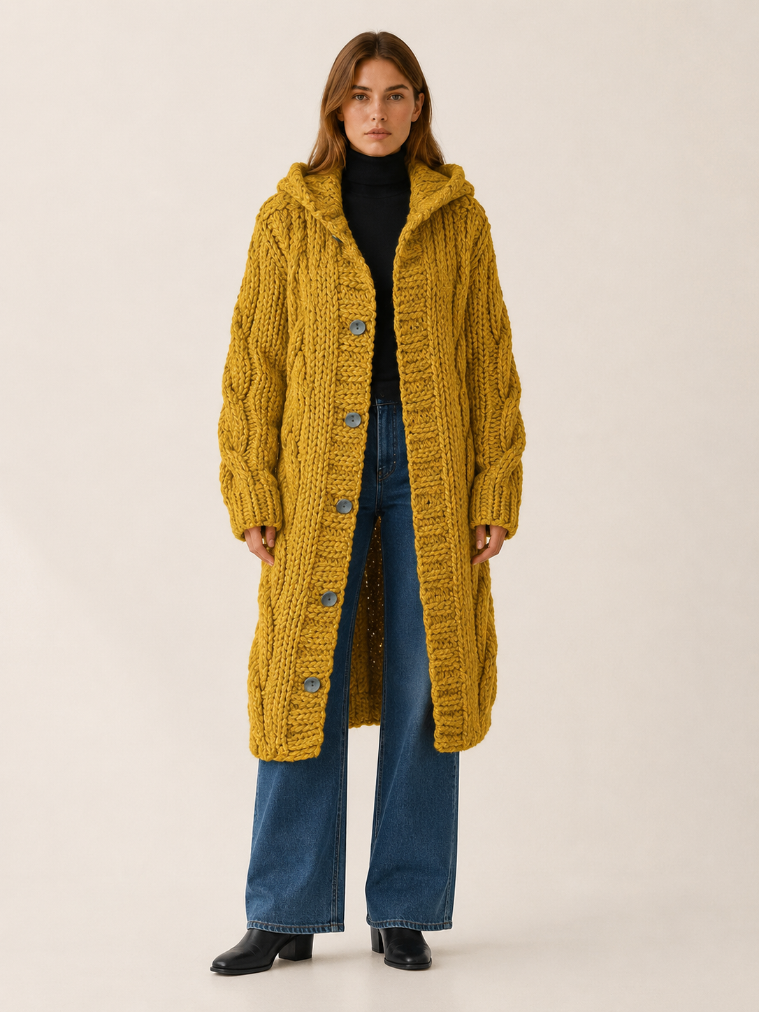 Dames lang gebreid vest met capuchon en knoopsluiting